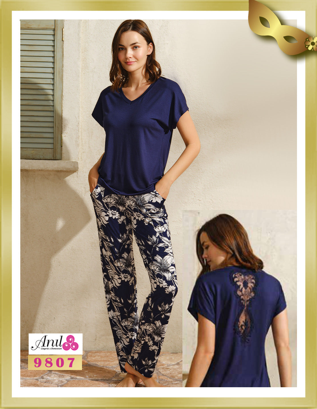 Anil V-Neck Top and Printed Long Pants Set 9807