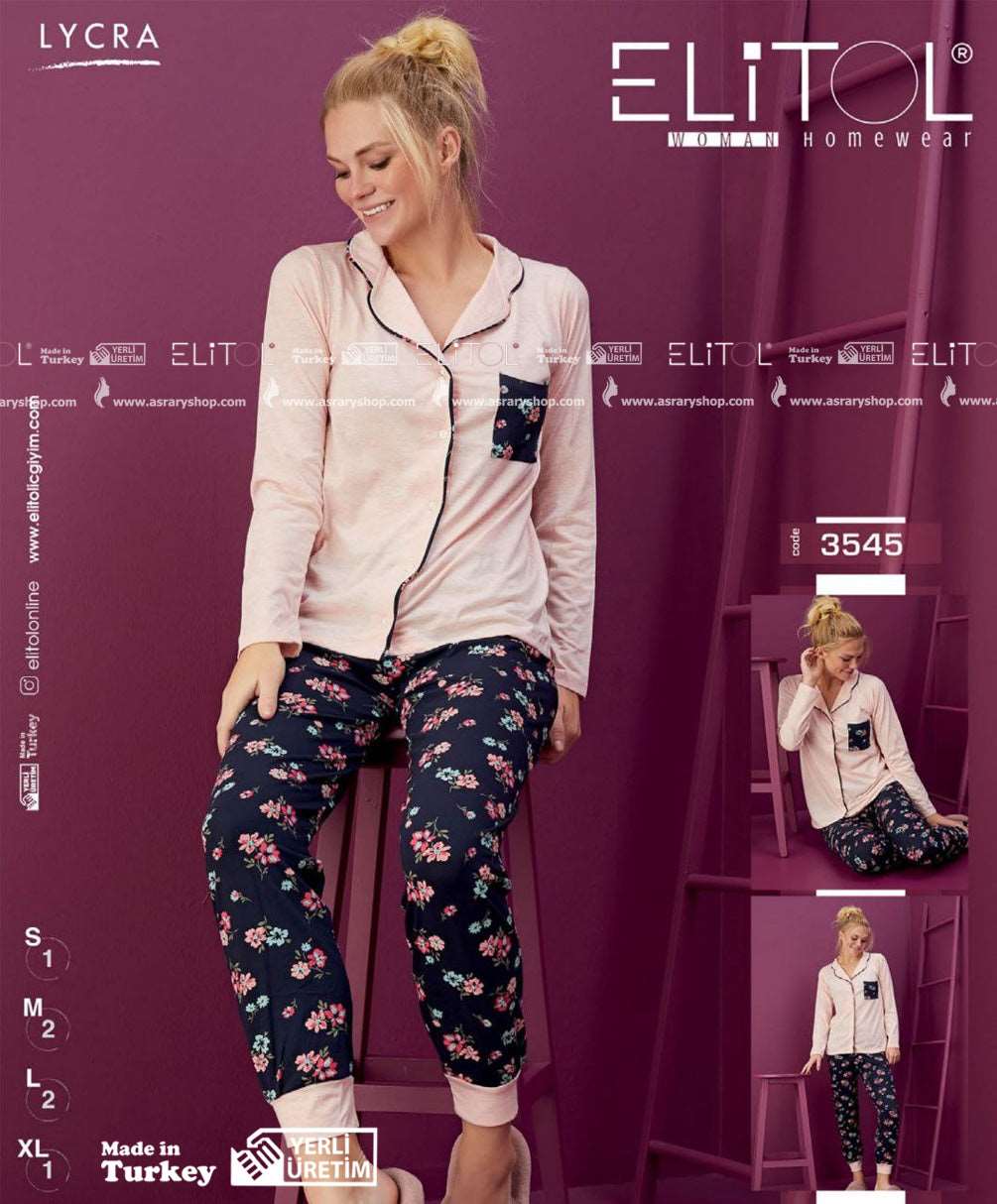 Elitol Buttoned Printed Long Cotton Pajamas 3545