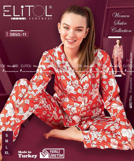 Elitol Buttoned Shirt Collar Long Satin Pajamas 3850-11 XL